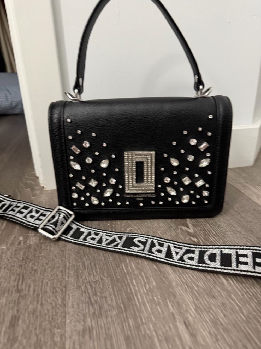 Karl Lagerfeld Black Embellished Top-Handle Crossbody Bag with Logo Strap